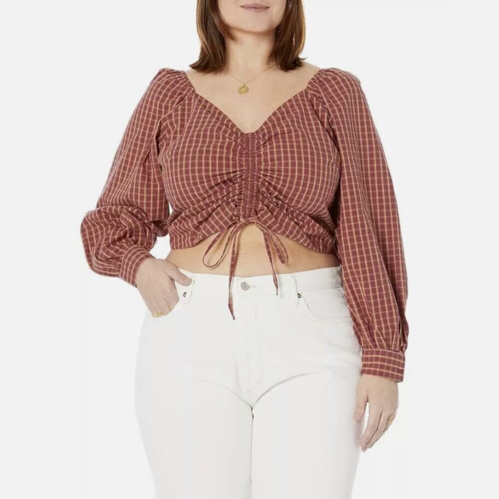 New Levi's size‎ XL The Finn Statement Blouse Red Plaid Ruched Smock Crop Top